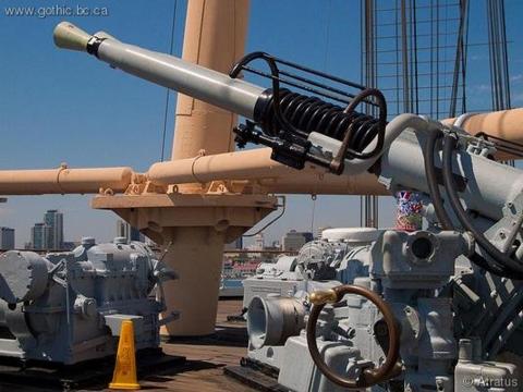 WWII anti-aircraft gun like those that were mounted on the ship during its use as a troop ship. And beans.